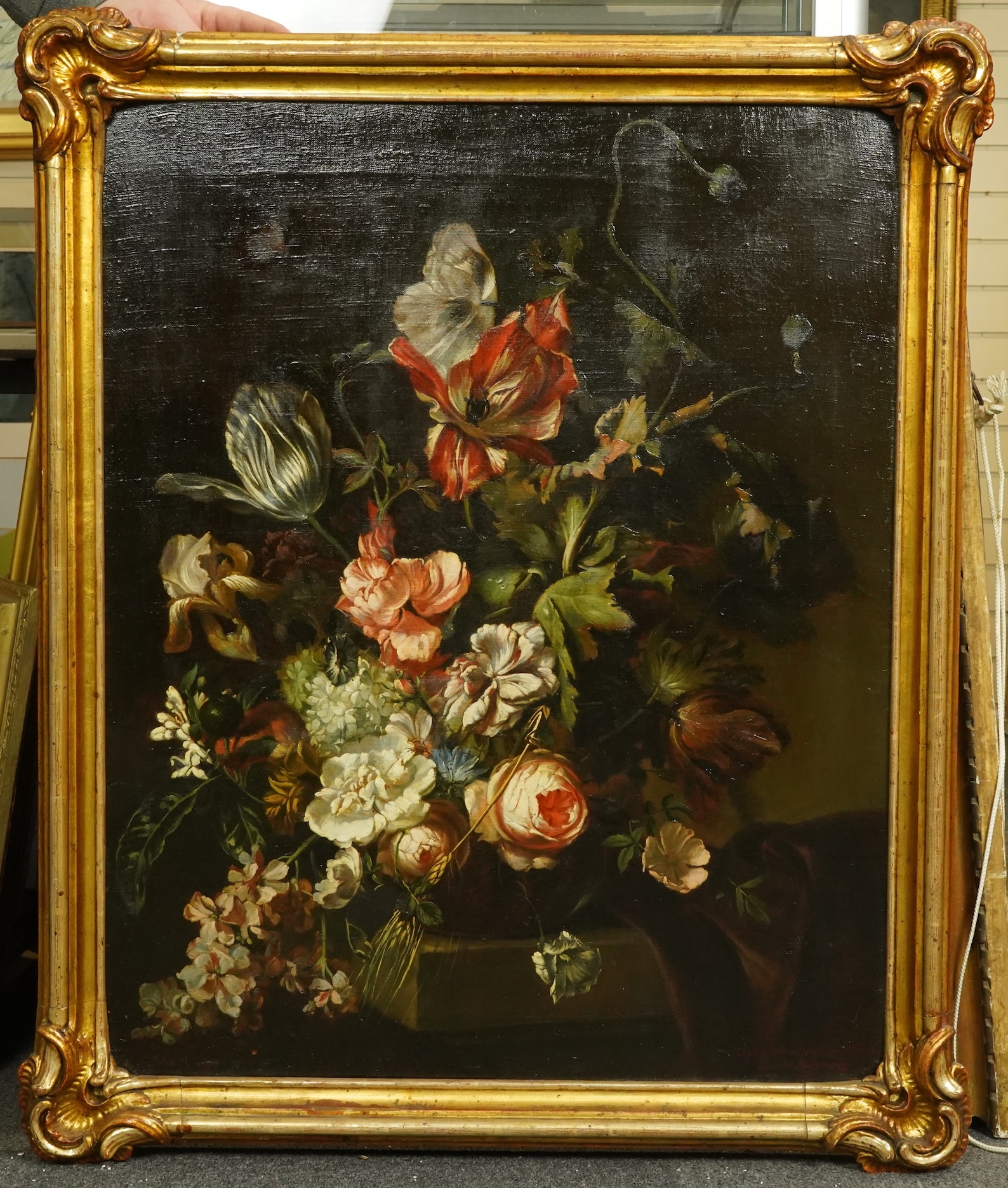 After Herman van der Mijn (1684-1741), 17th century still life of flowers on a ledge, oil on canvas, 77 x 62cm